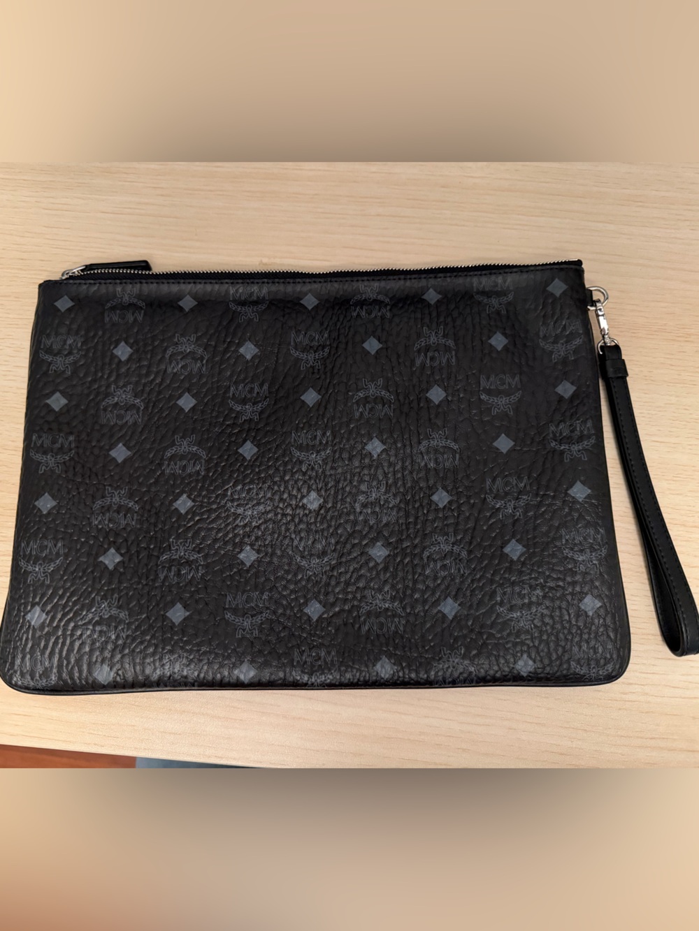 MCM Visetos Original Large Wristlet Zip Pouch Black Clutch